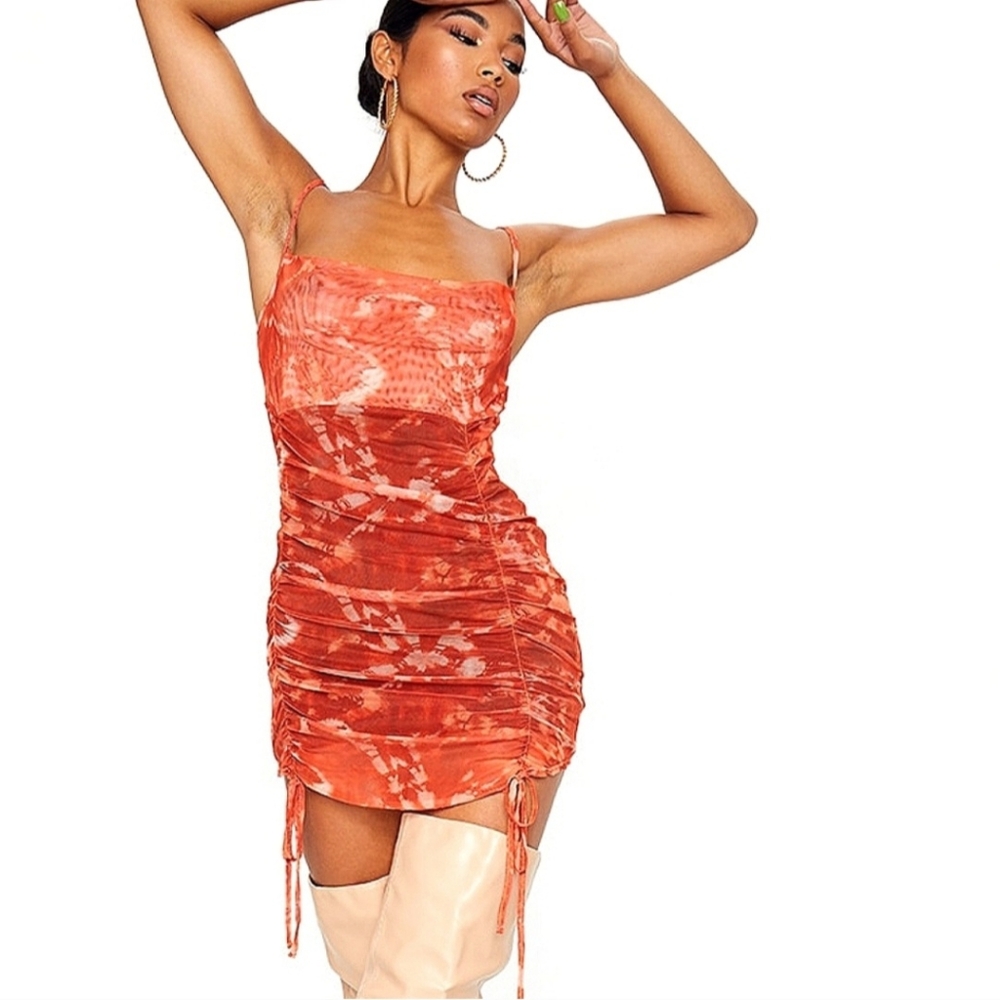 PrettyLittleThing Orange Tie-Dye Ruched Mini Dress
